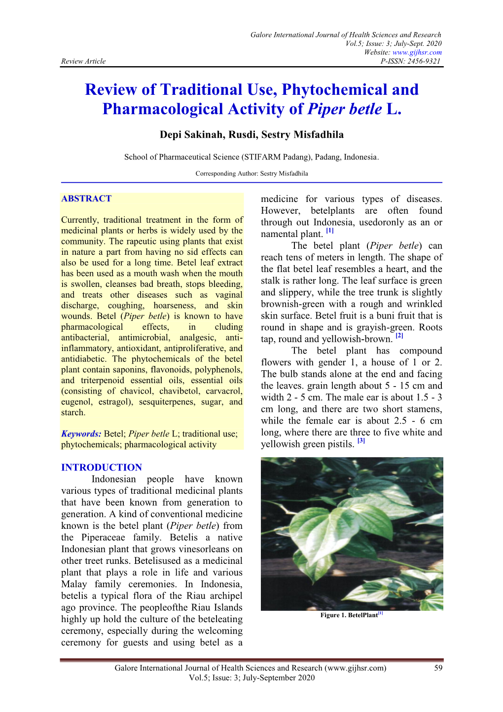 Review of Traditional Use, Phytochemical and Pharmacological Activity of Piper Betle L