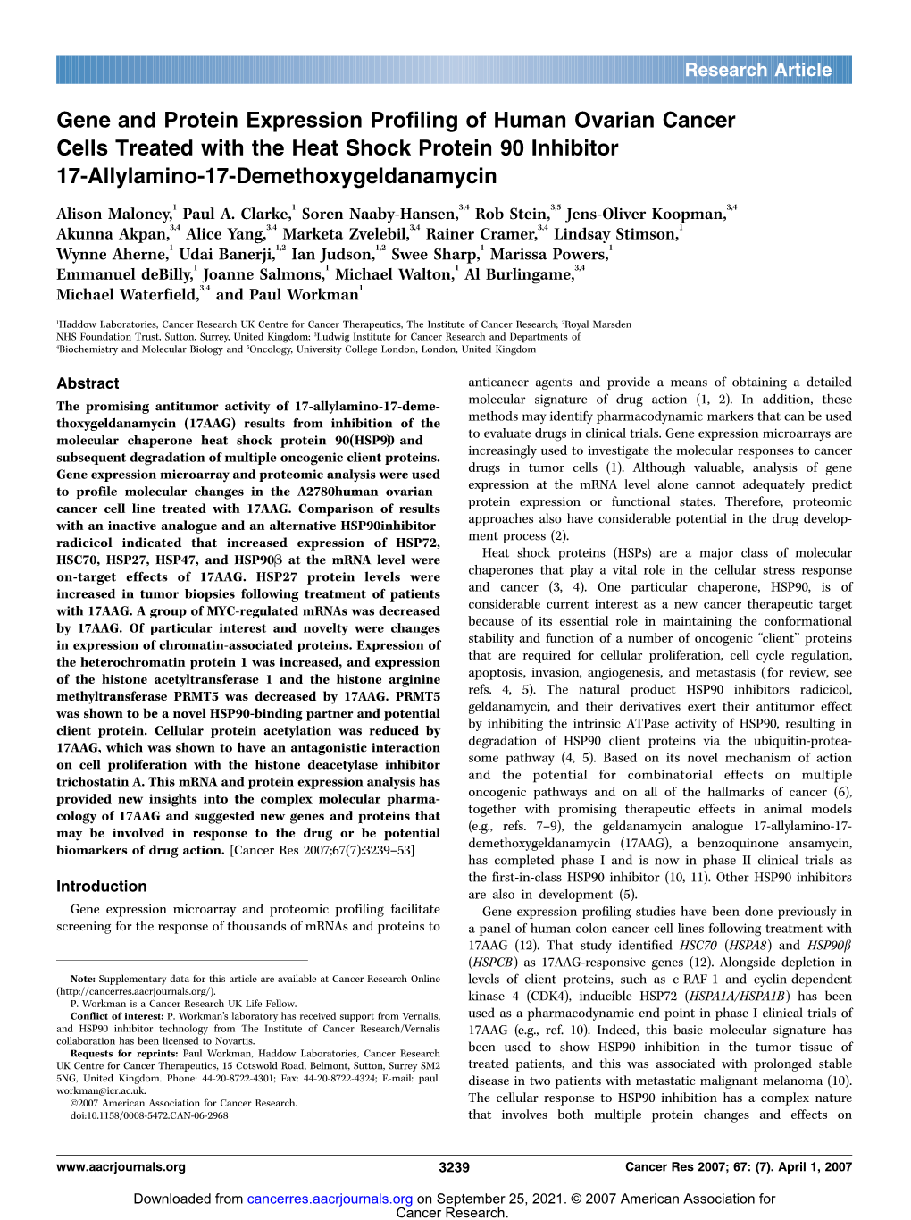 Gene and Protein Expression Profiling of Human Ovarian Cancer Cells Treated with the Heat Shock Protein 90 Inhibitor 17-Allylamino-17-Demethoxygeldanamycin