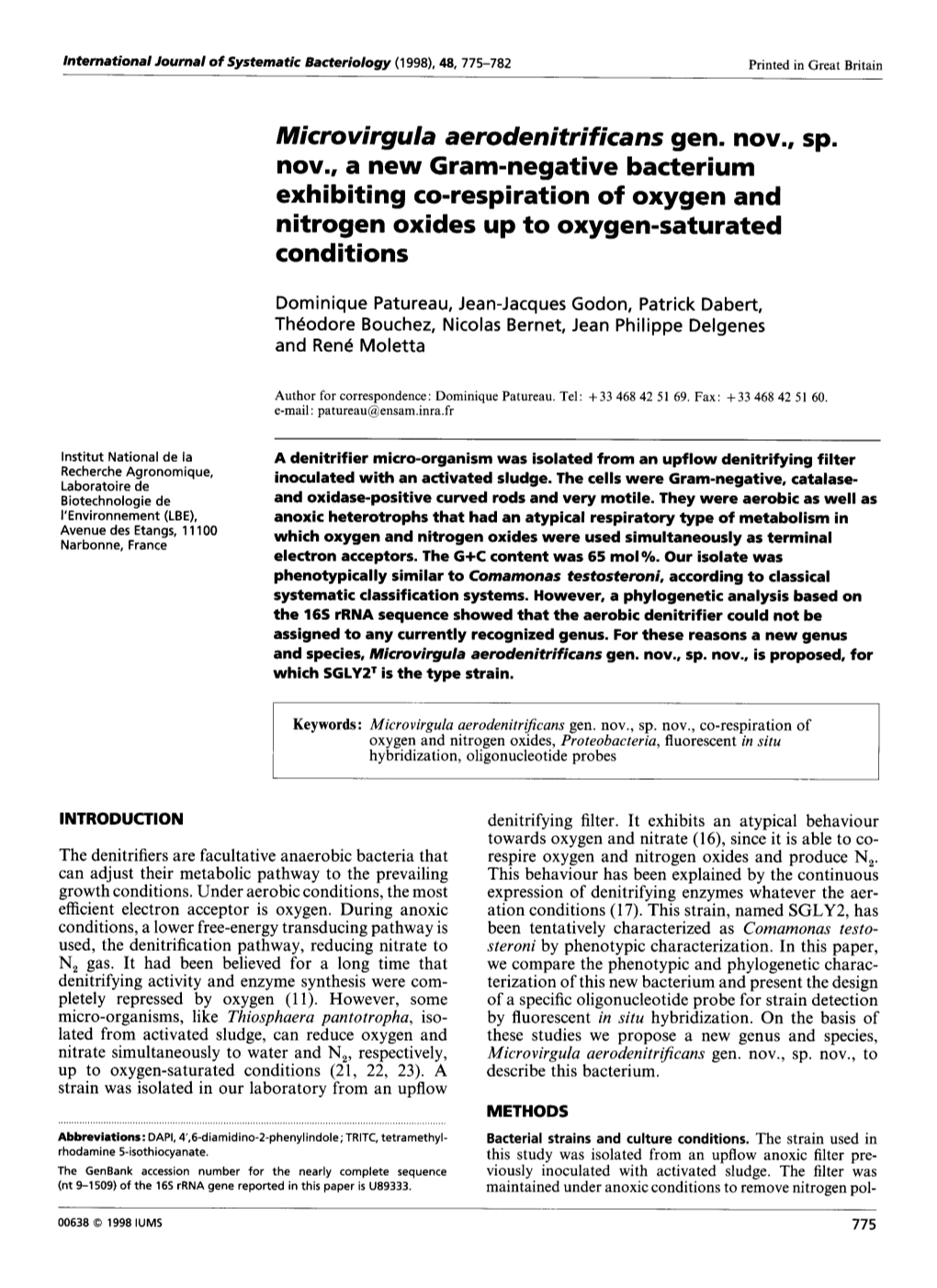 Microvirgula Aerodenitrificans Gen. Nov., Sp. Nov., a New Gram-Negative