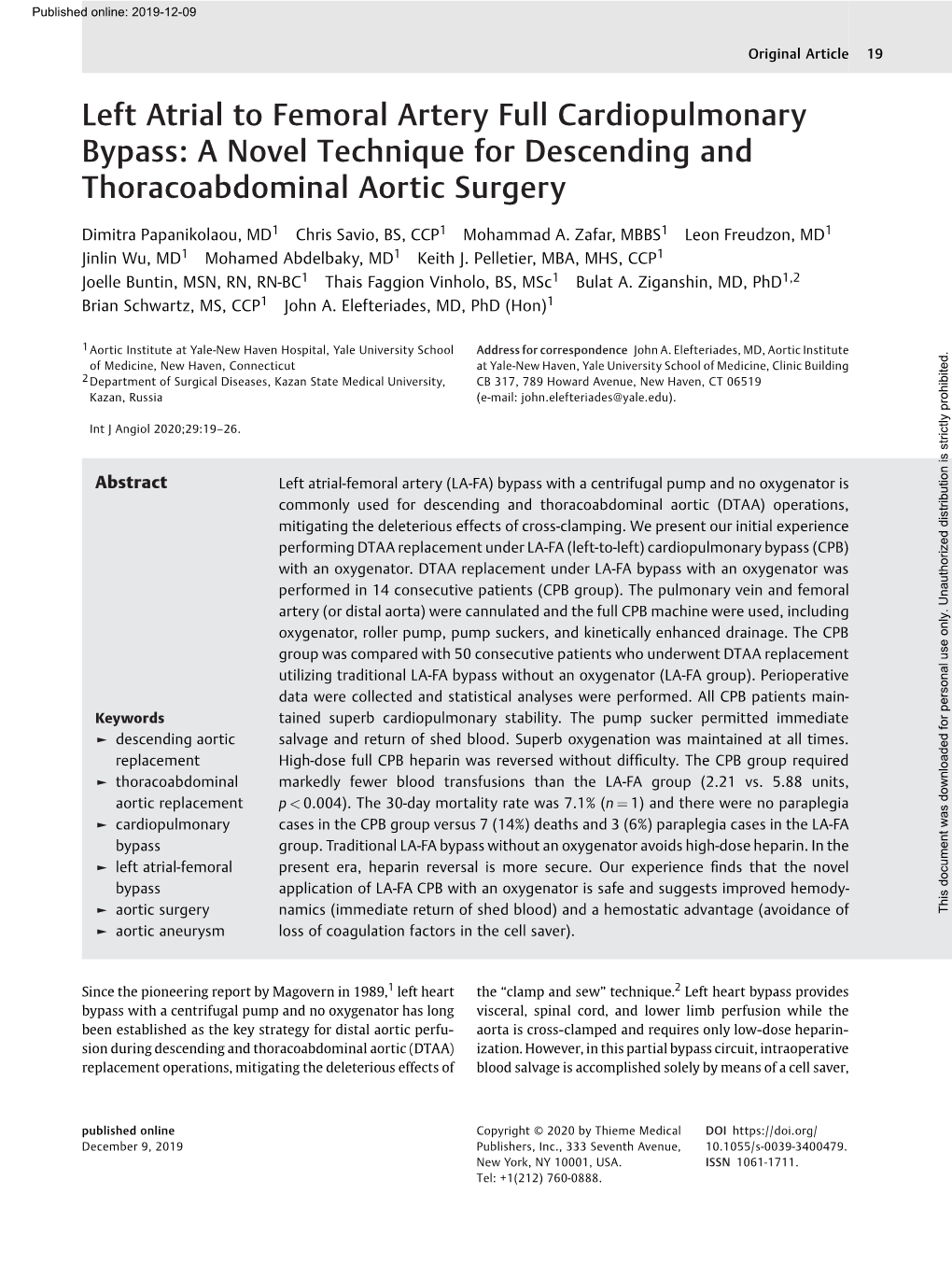 Left Atrial to Femoral Artery Full Cardiopulmonary Bypass: a Novel Technique for Descending and Thoracoabdominal Aortic Surgery