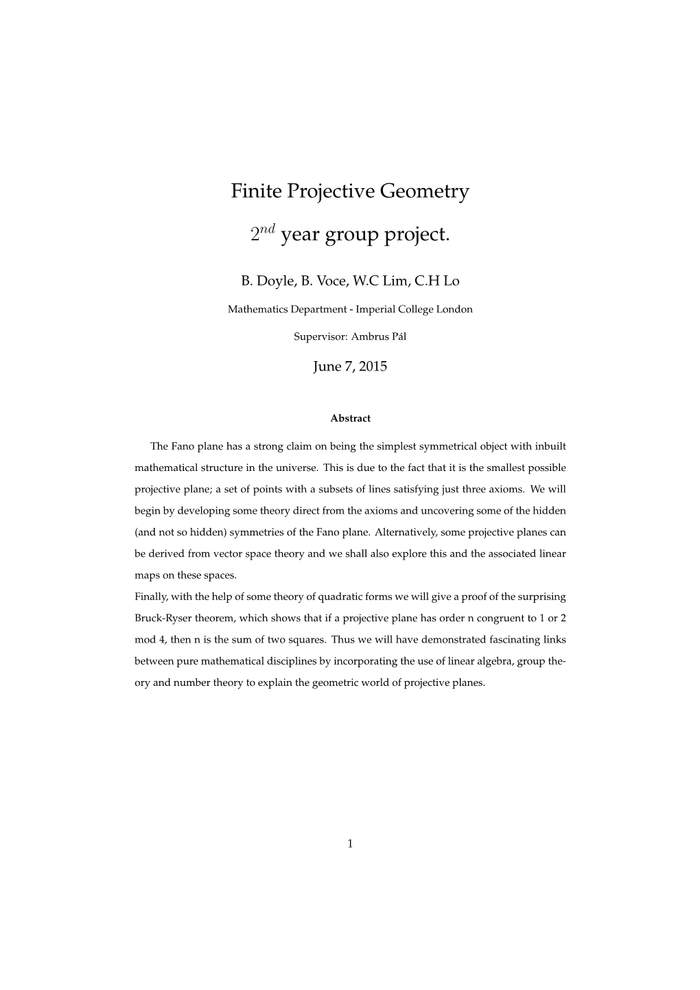 Finite Projective Geometry 2Nd Year Group Project