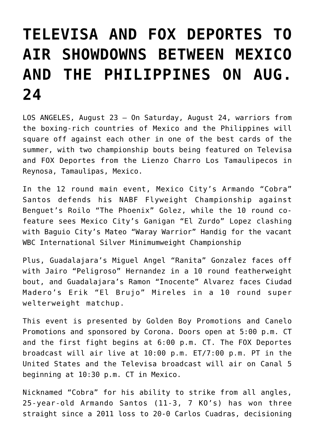 Televisa and Fox Deportes to Air Showdowns Between Mexico and the Philippines on Aug