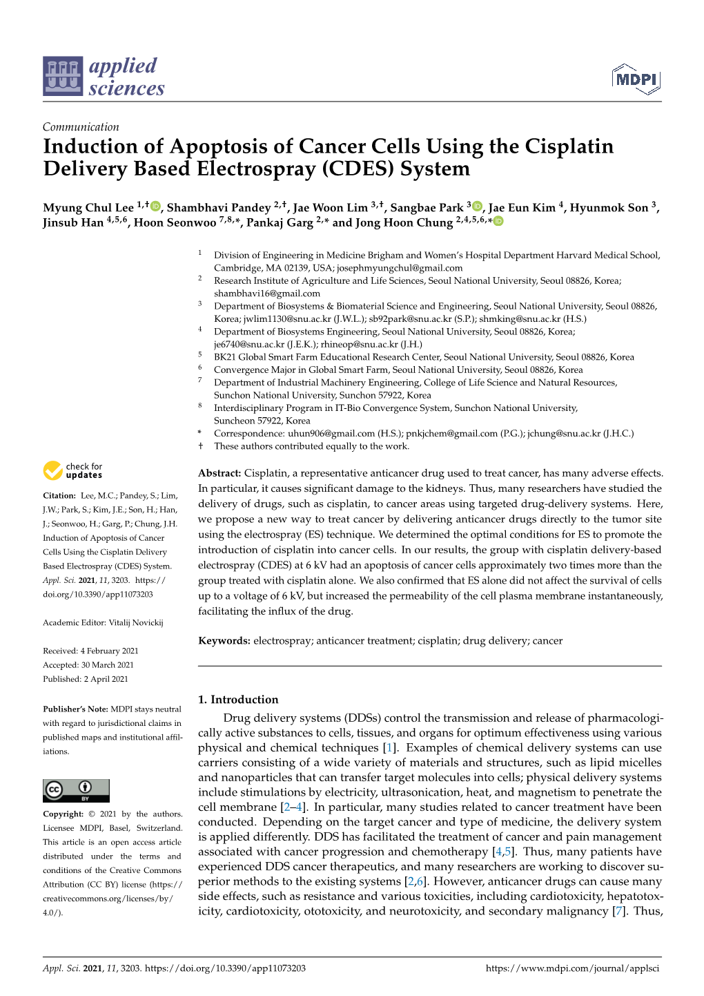 Induction of Apoptosis of Cancer Cells Using the Cisplatin Delivery Based Electrospray (CDES) System