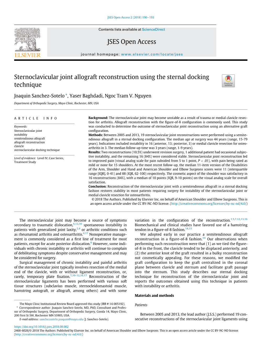 Sternoclavicular Joint Allograft Reconstruction Using the Sternal Docking Technique