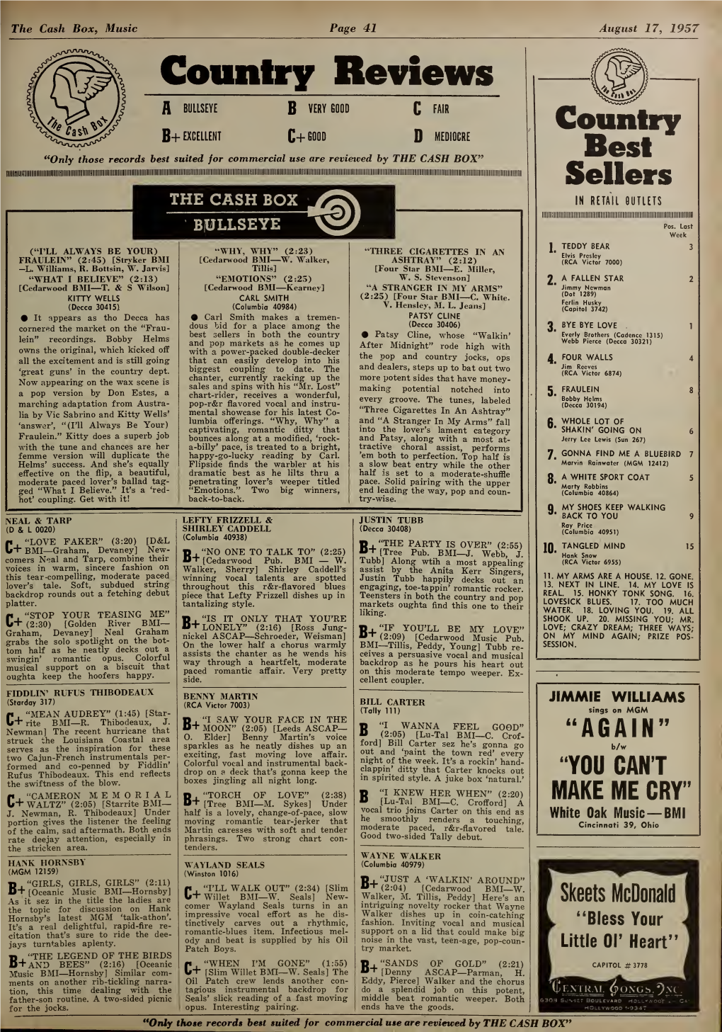 Cash Box , Music Page 41 August 17, 1957 Country Reviews a BULLSEYE B VERY GOOD C FAIR Country B+ EXCELLENT C+ 600D D MEDIOCRE