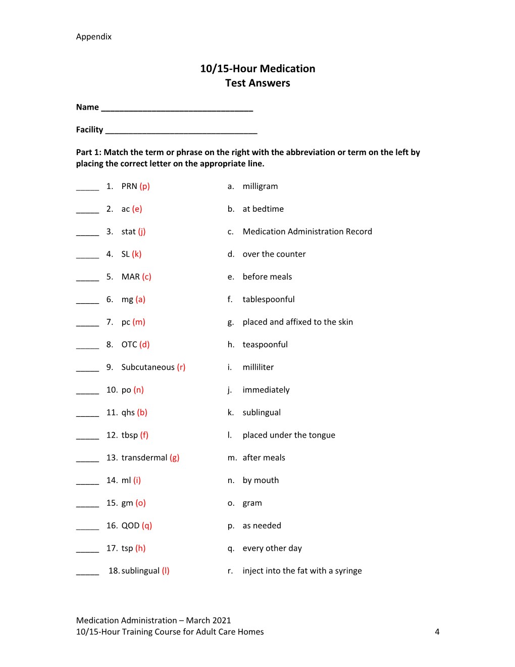 10/15-Hour Medication Test Answers