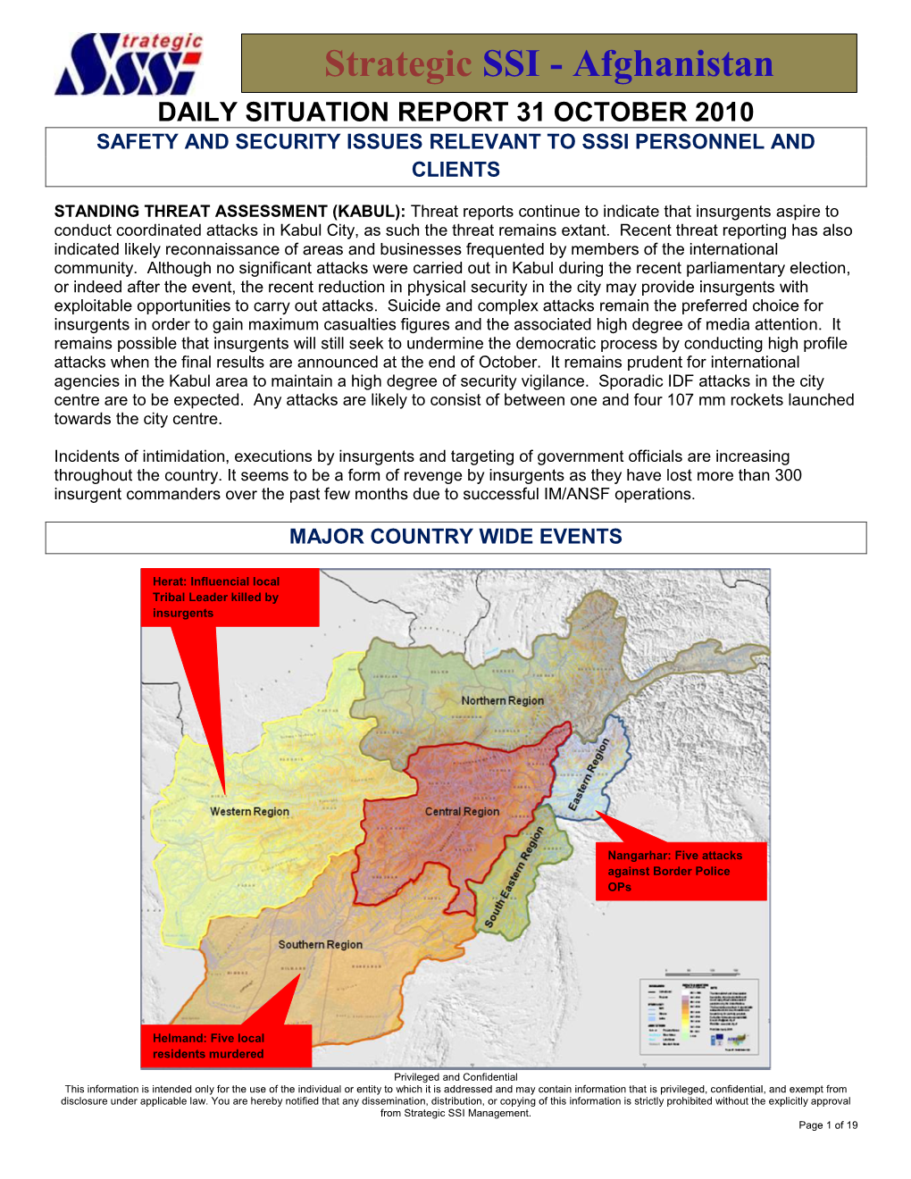 Daily Situation Report 31 October 2010 Safety and Security Issues Relevant to Sssi Personnel and Clients