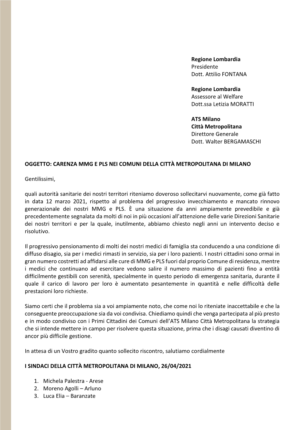 Regione Lombardia Presidente Dott. Attilio FONTANA