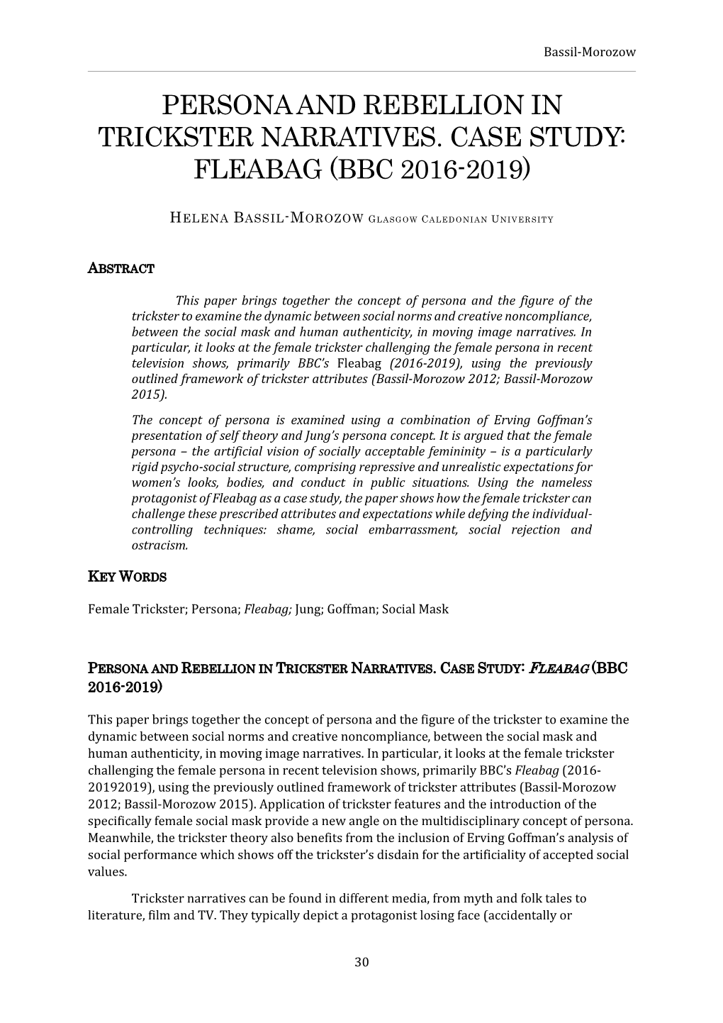 Persona and Rebellion in Trickster Narratives. Case Study: Fleabag (Bbc 2016-2019)