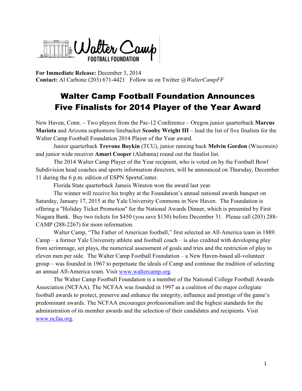 Walter Camp Football Foundation Announces Five Finalists for 2014 Player of the Year Award