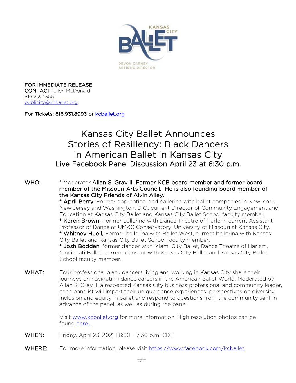 Black Dancers in American Ballet in Kansas City Live Facebook Panel Discussion April 23 at 6:30 P.M