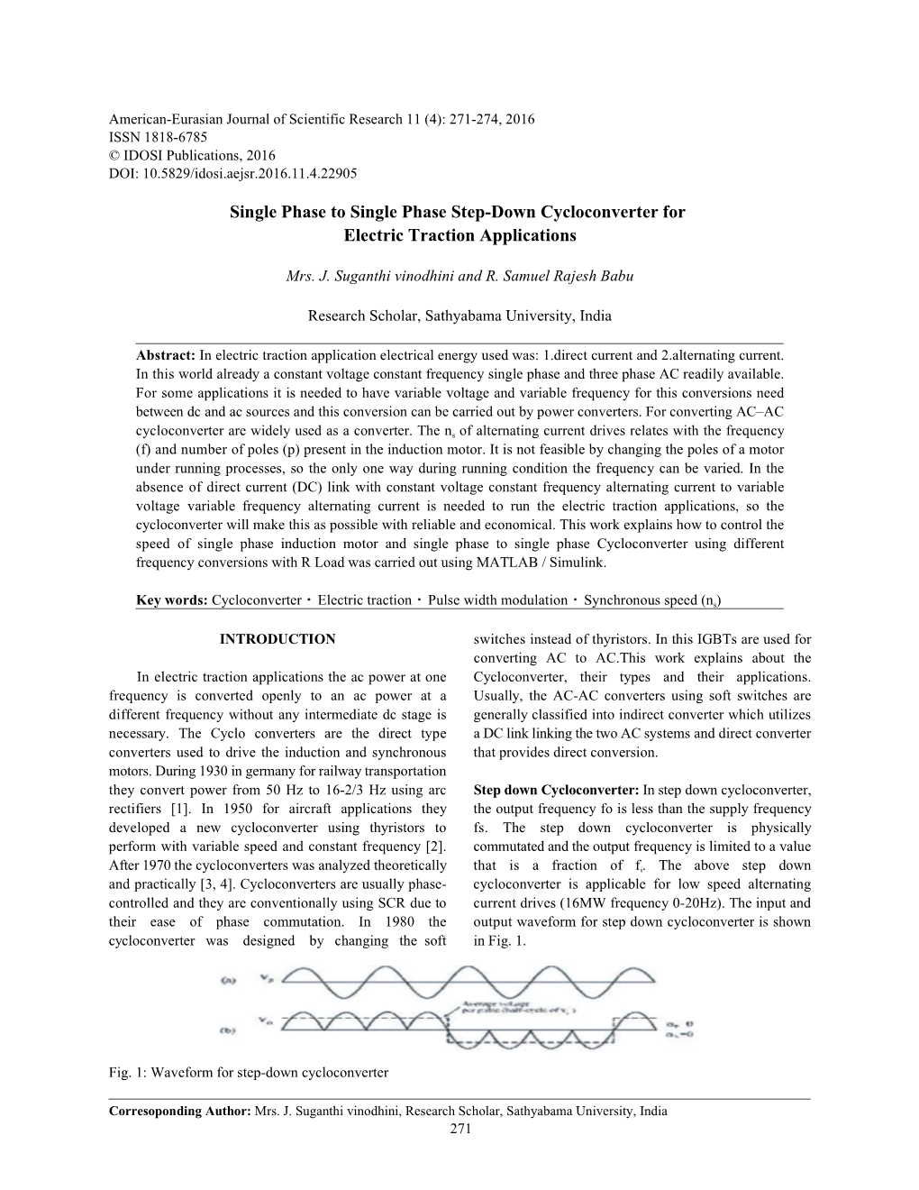 Single Phase to Single Phase Step-Down Cycloconverter for Electric Traction Applications