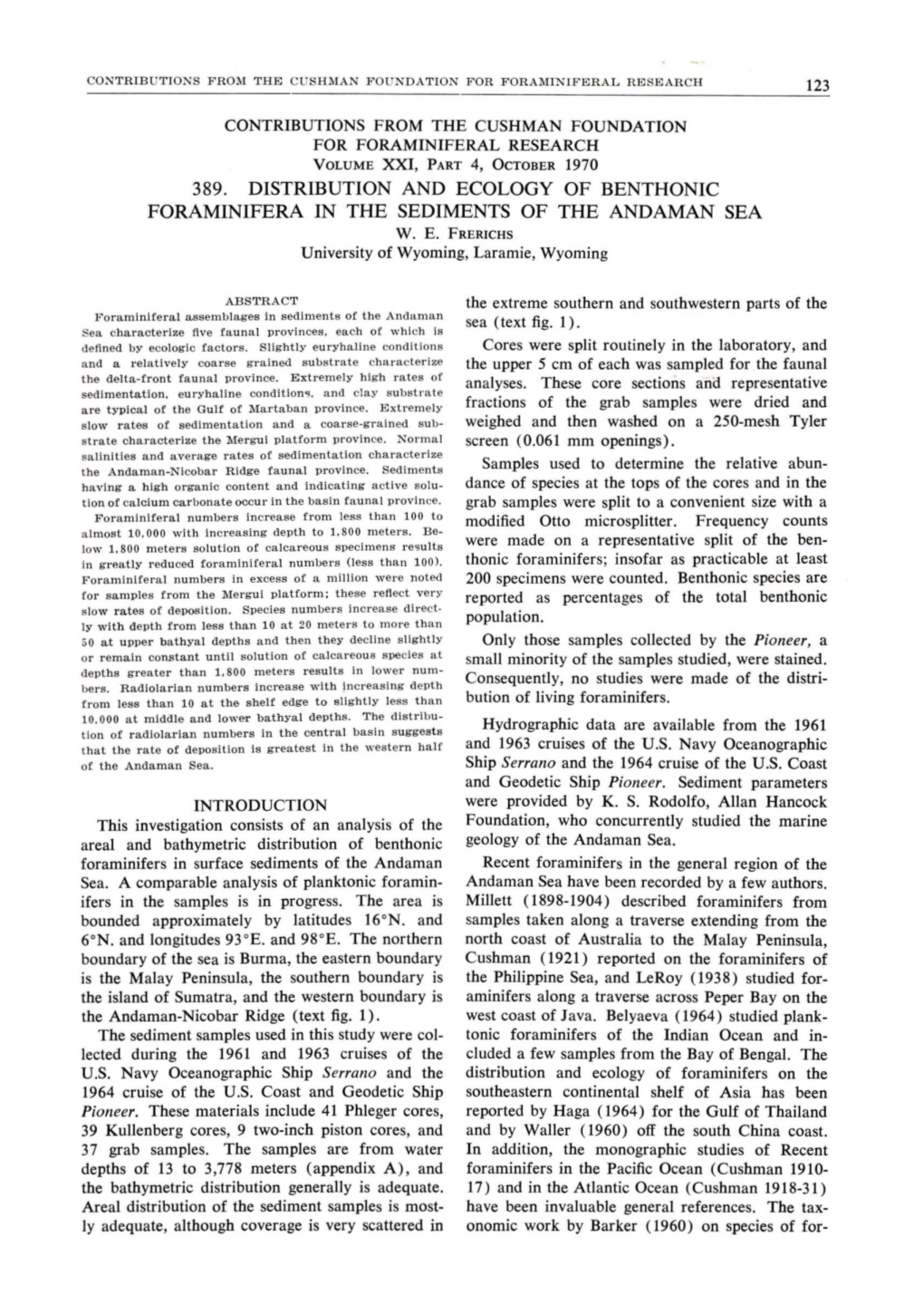 389. Distribution and Ecology of Benthonic Foraminifera in the Sediments of the Andaman Sea W