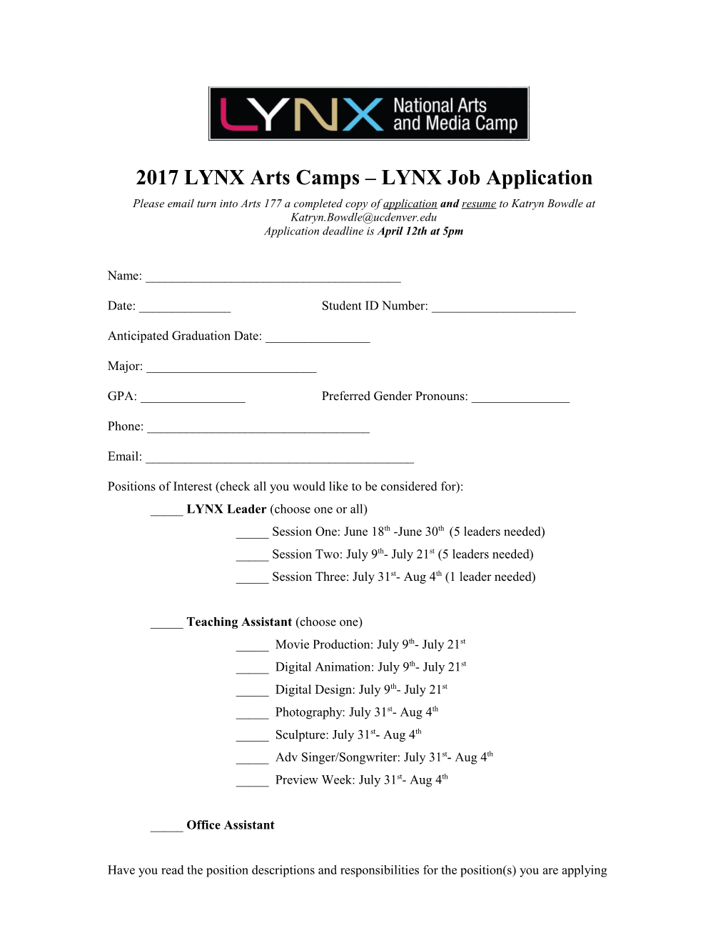 2017 LYNX Camp Job Application