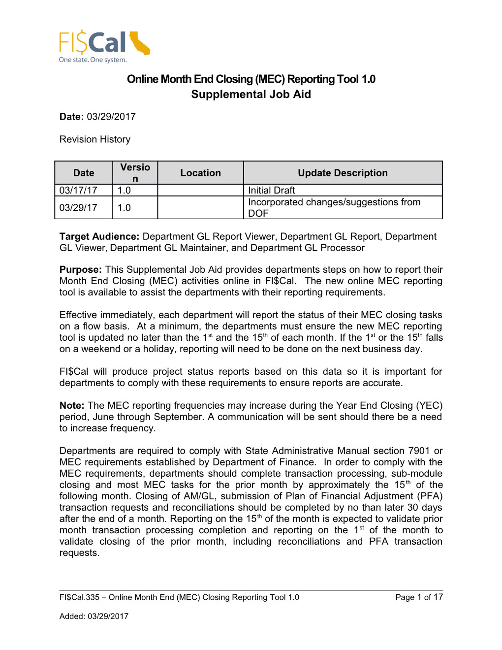 Online Month End Closing (MEC) Reporting Tool 1