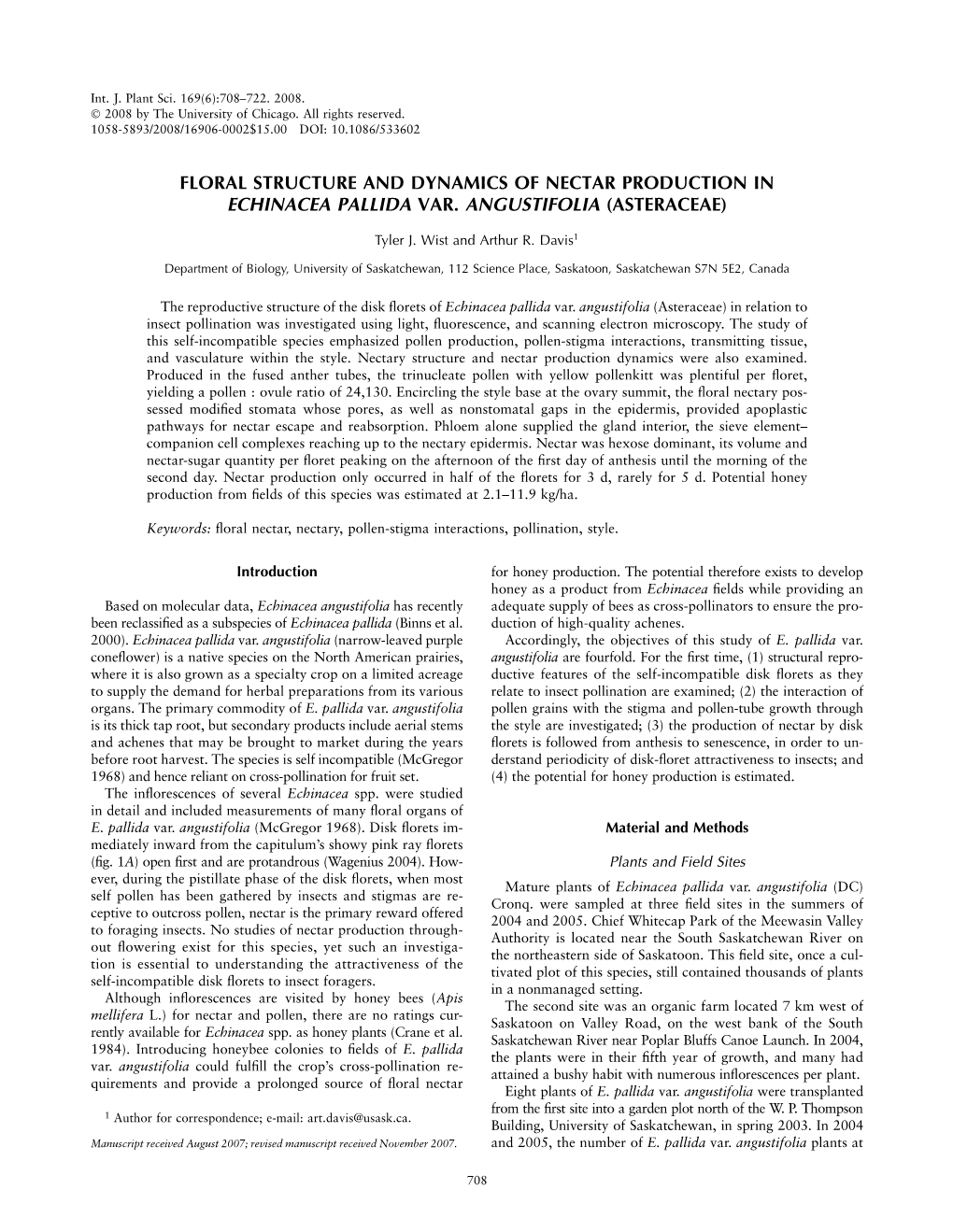 Floral Structure and Dynamics of Nectar Production in Echinacea Pallida Var