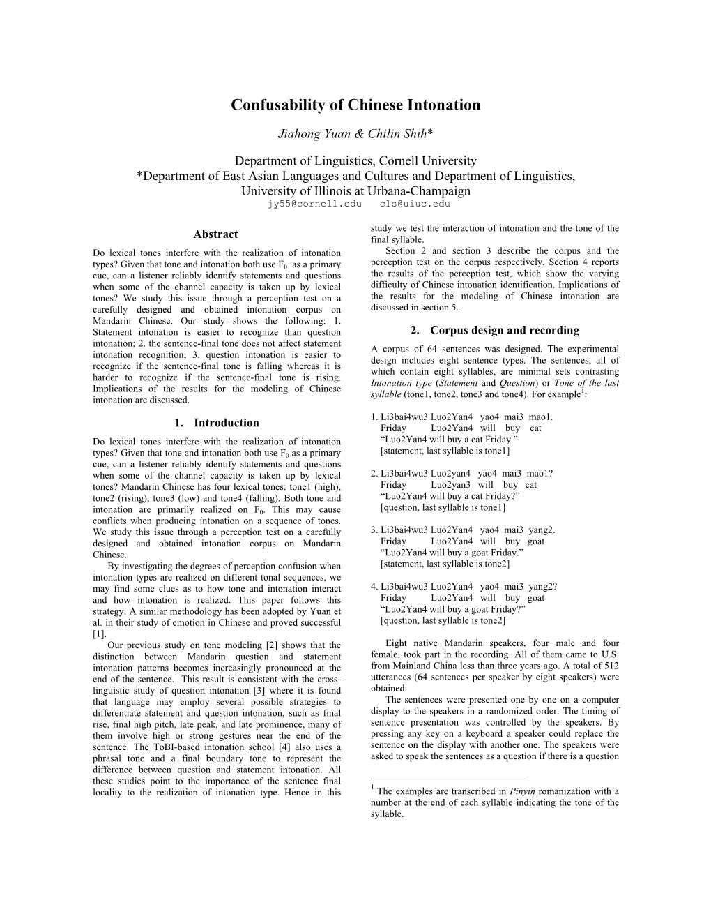 Confusability of Chinese Intonation