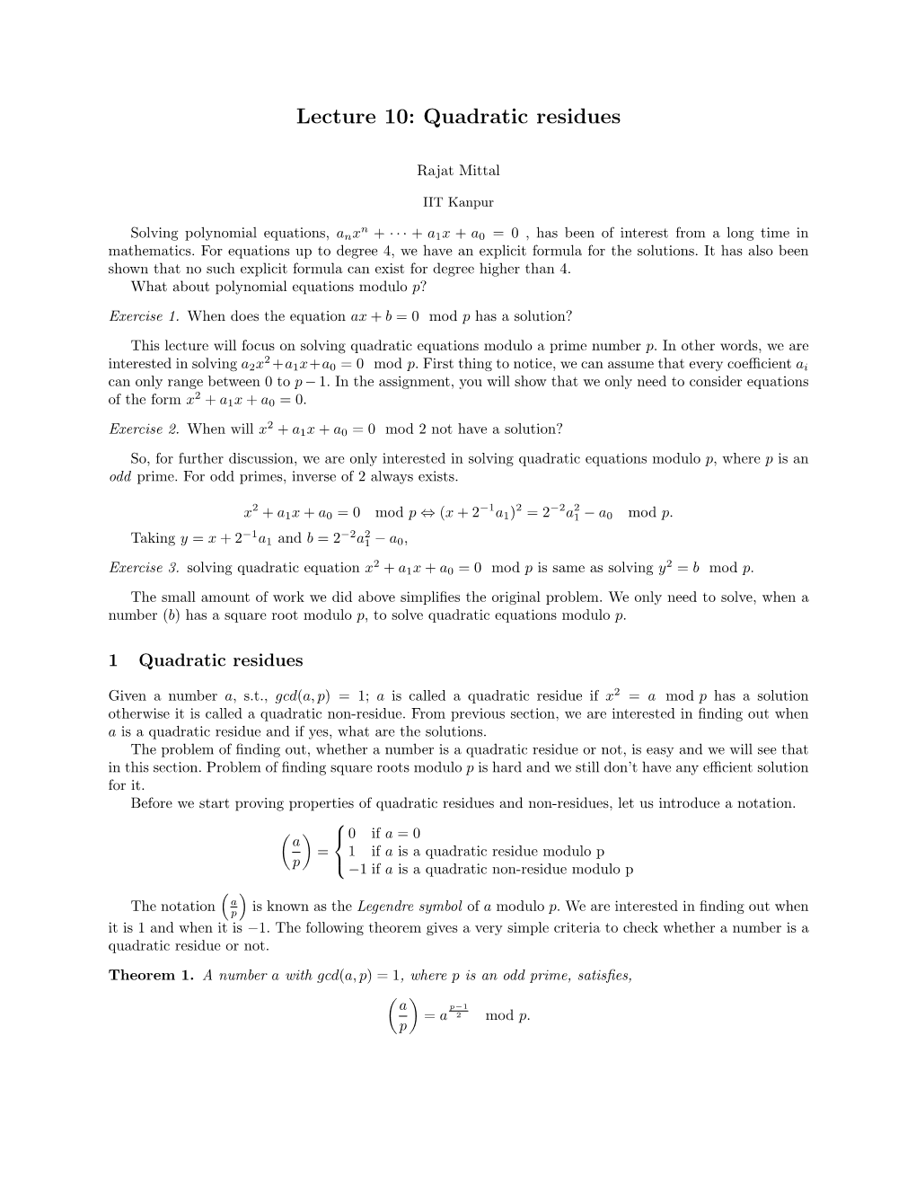 Lecture 10: Quadratic Residues