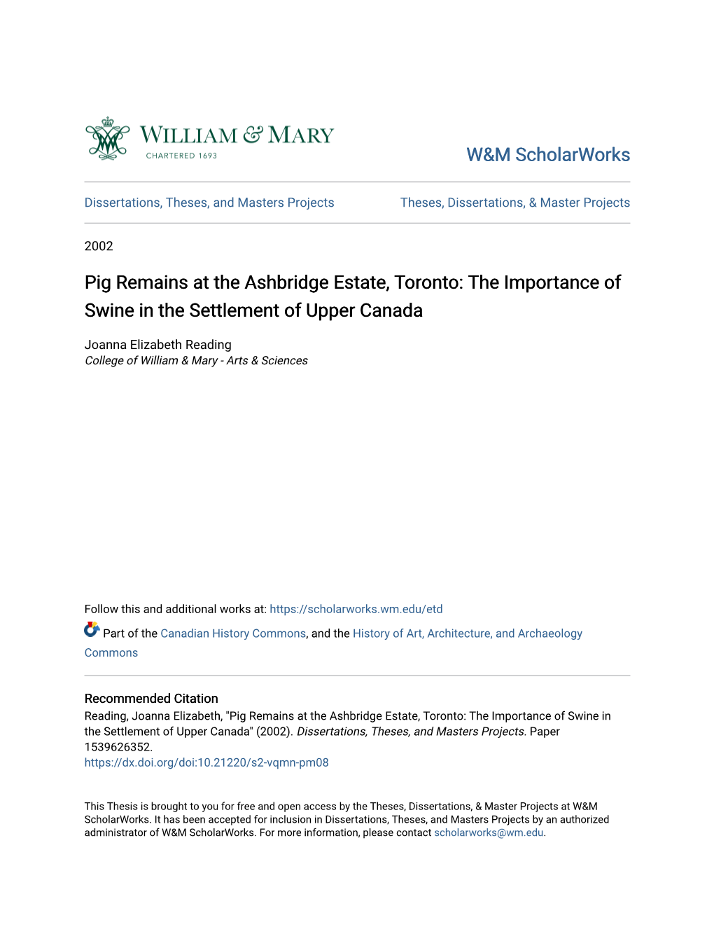 Pig Remains at the Ashbridge Estate, Toronto: the Importance of Swine in the Settlement of Upper Canada
