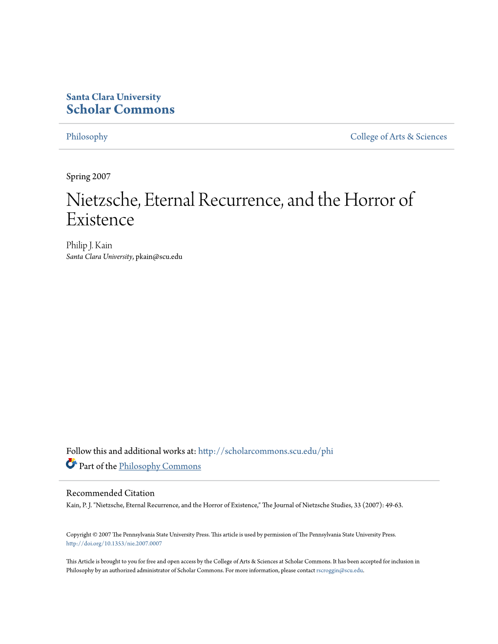 Nietzsche, Eternal Recurrence, and the Horror of Existence Philip J