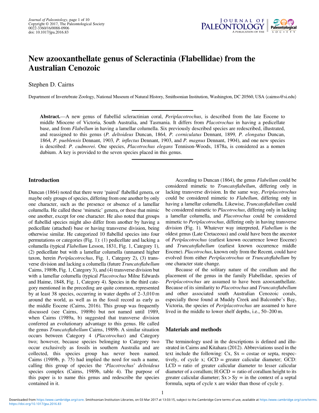 New Azooxanthellate Genus of Scleractinia (Flabellidae) from the Australian Cenozoic