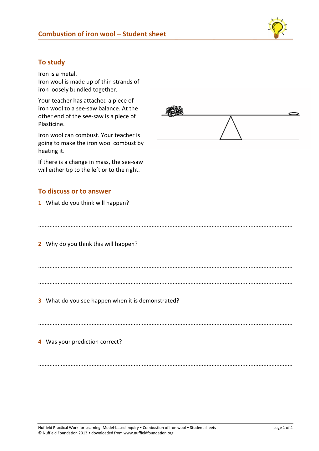 Combustion of Iron Wool – Student Sheet