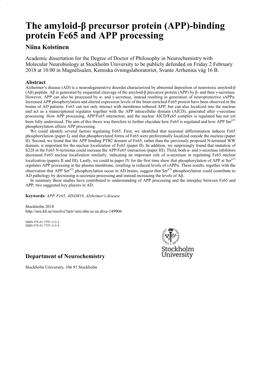 The Amyloid-Β Precursor Protein (App)-Binding Protein Fe65 and App Processing