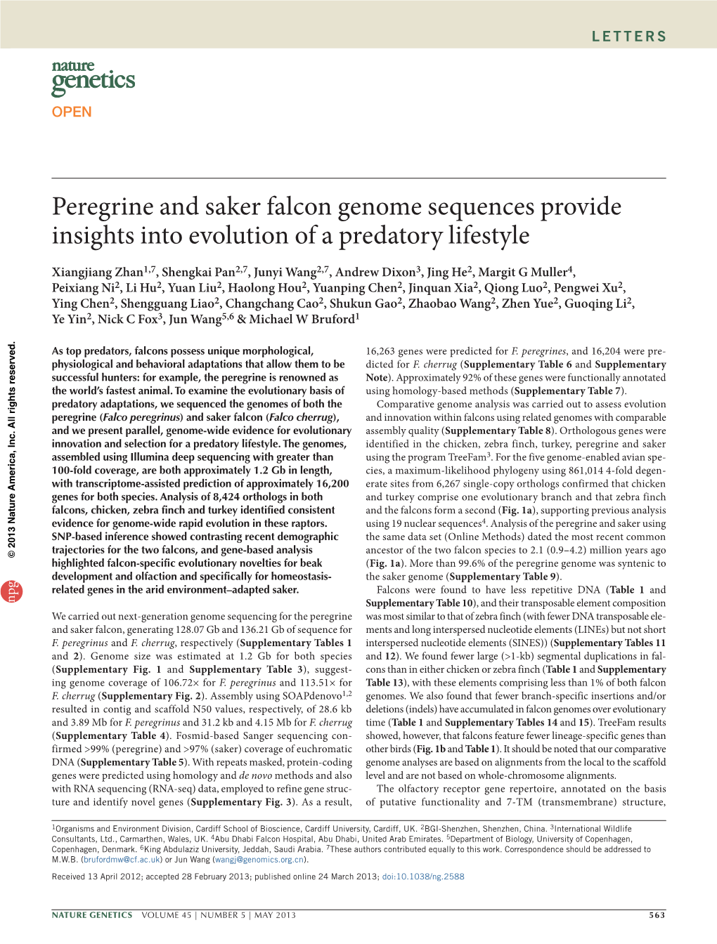 Peregrine and Saker Falcon Genome Sequences Provide Insights Into Evolution of a Predatory Lifestyle