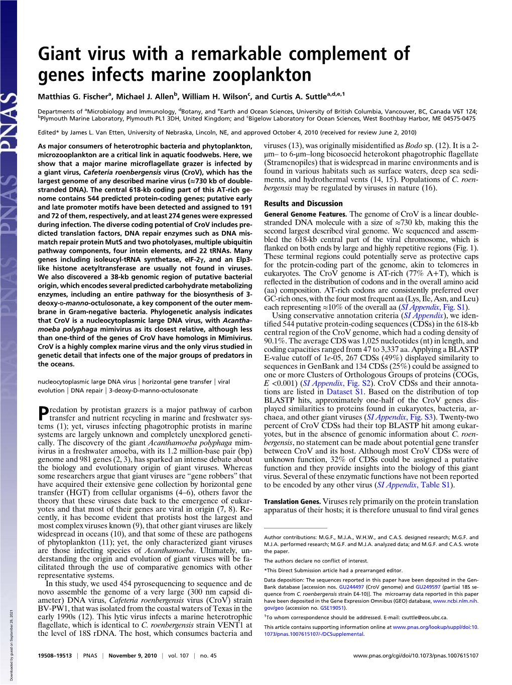 Giant Virus with a Remarkable Complement of Genes Infects Marine Zooplankton