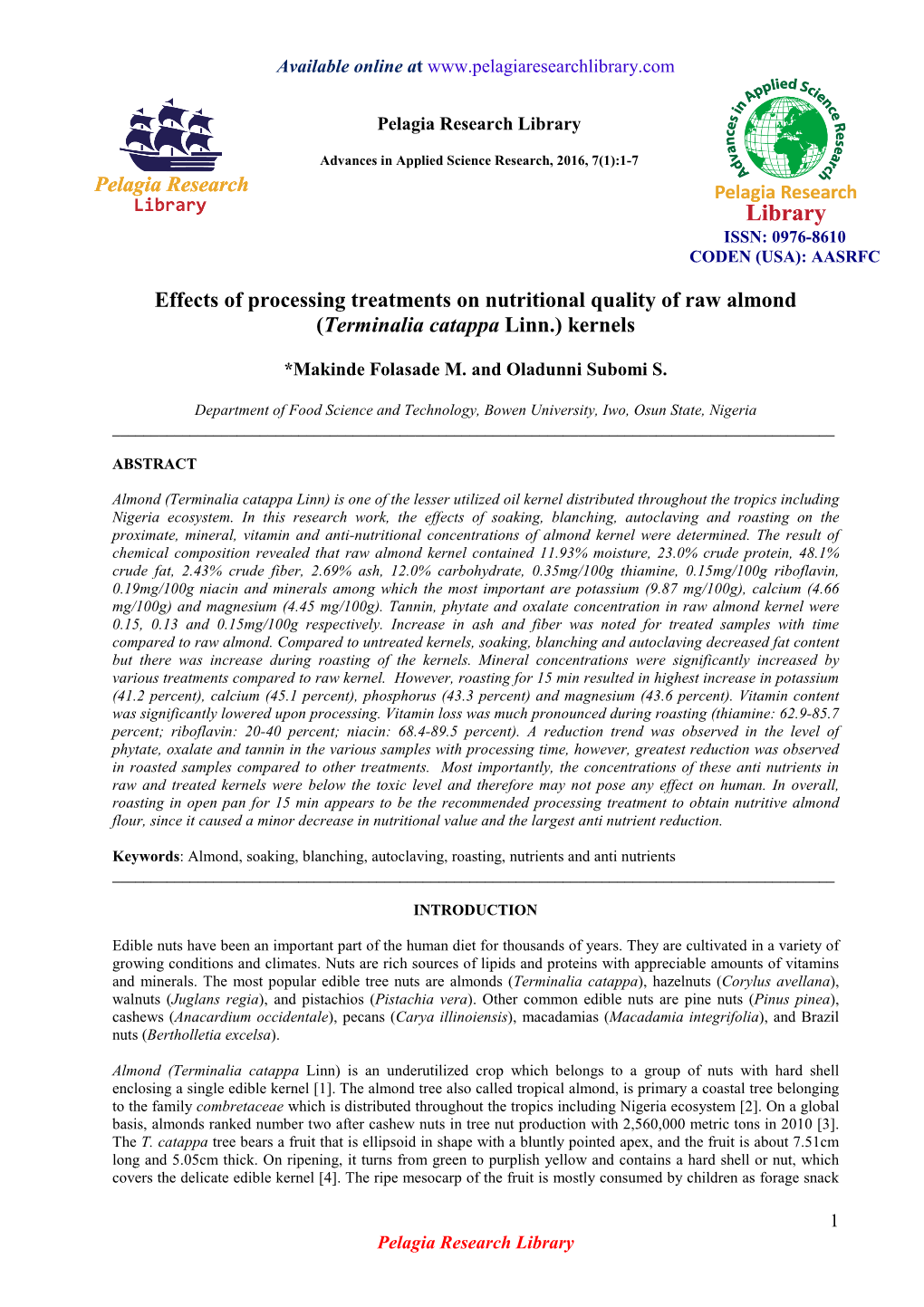 Effects of Processing Treatments on Nutritional Quality of Raw Almond (Terminalia Catappa Linn.) Kernels