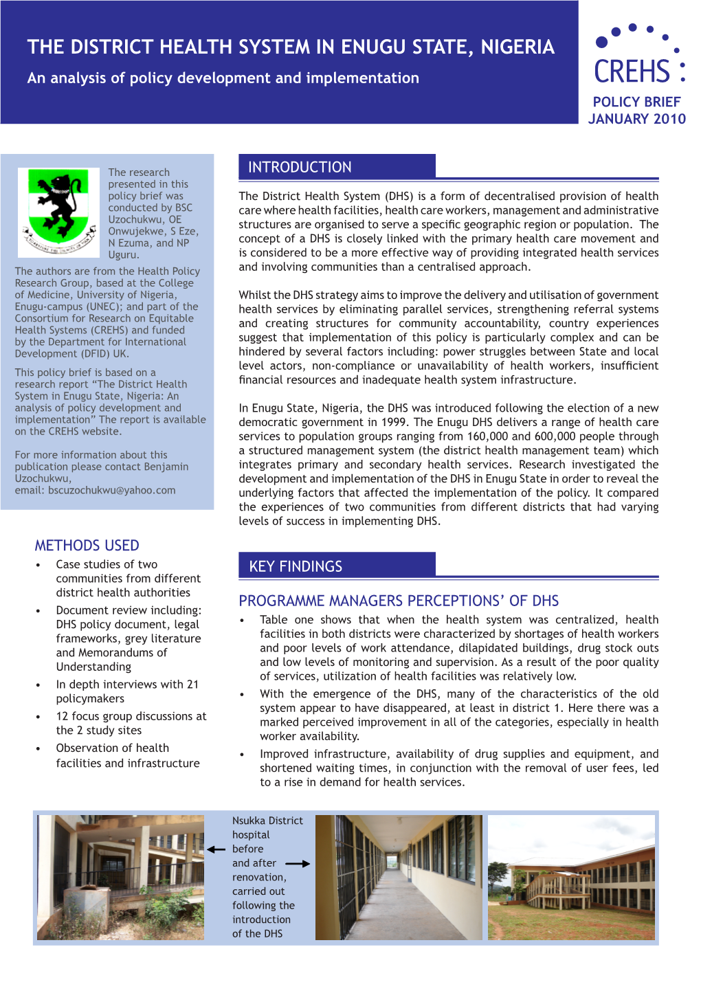 The District Health System in Enugu State, Nigeria an Analysis of Policy Development and Implementation POLICY BRIEF JANUARY 2010