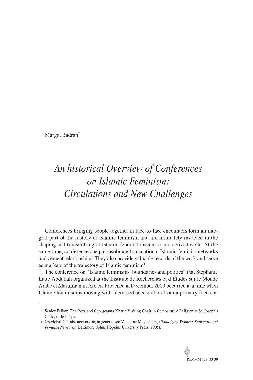 An Historical Overview of Conferences on Islamic Feminism: Circulations and New Challenges