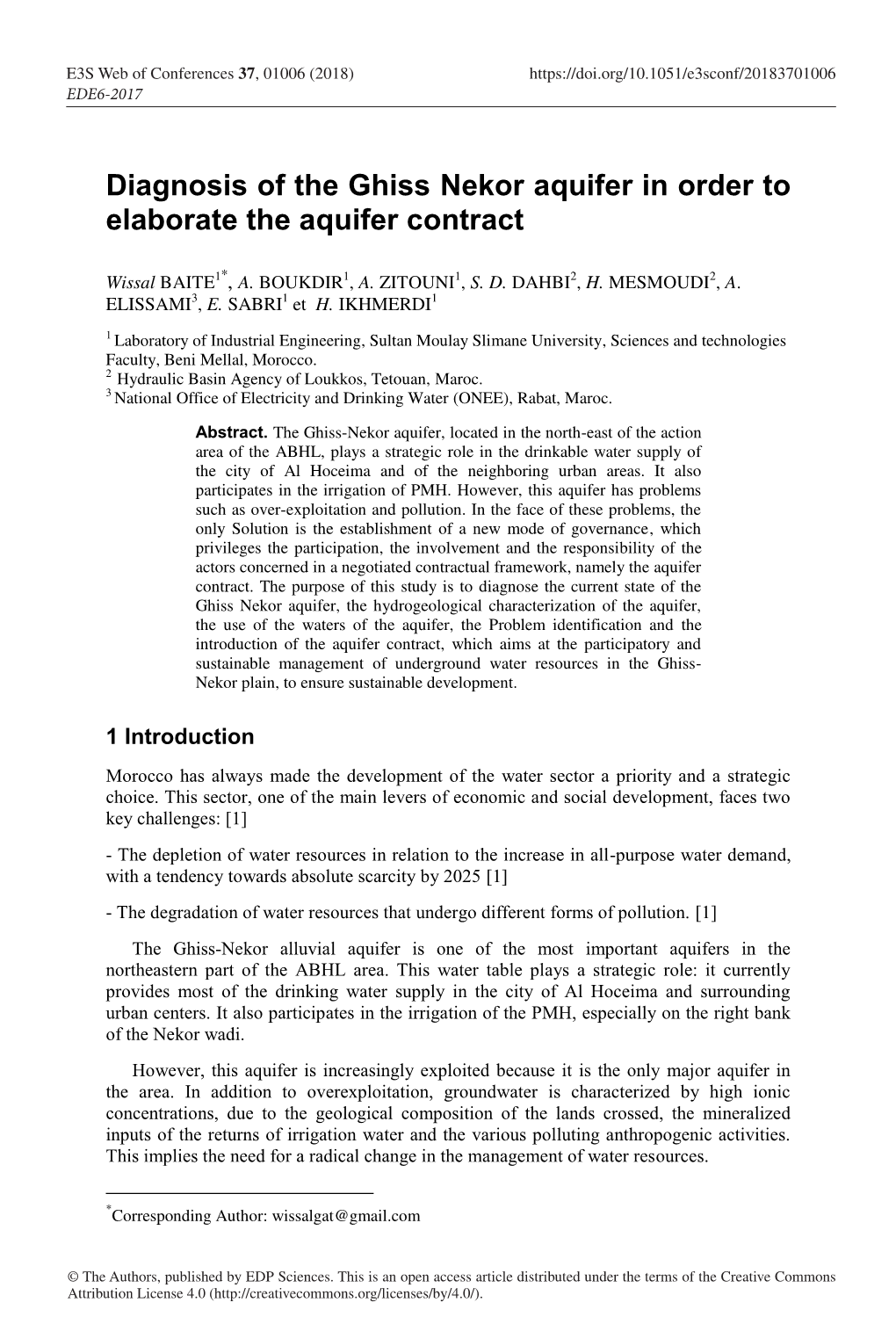 Diagnosis of the Ghiss Nekor Aquifer in Order to Elaborate the Aquifer Contract