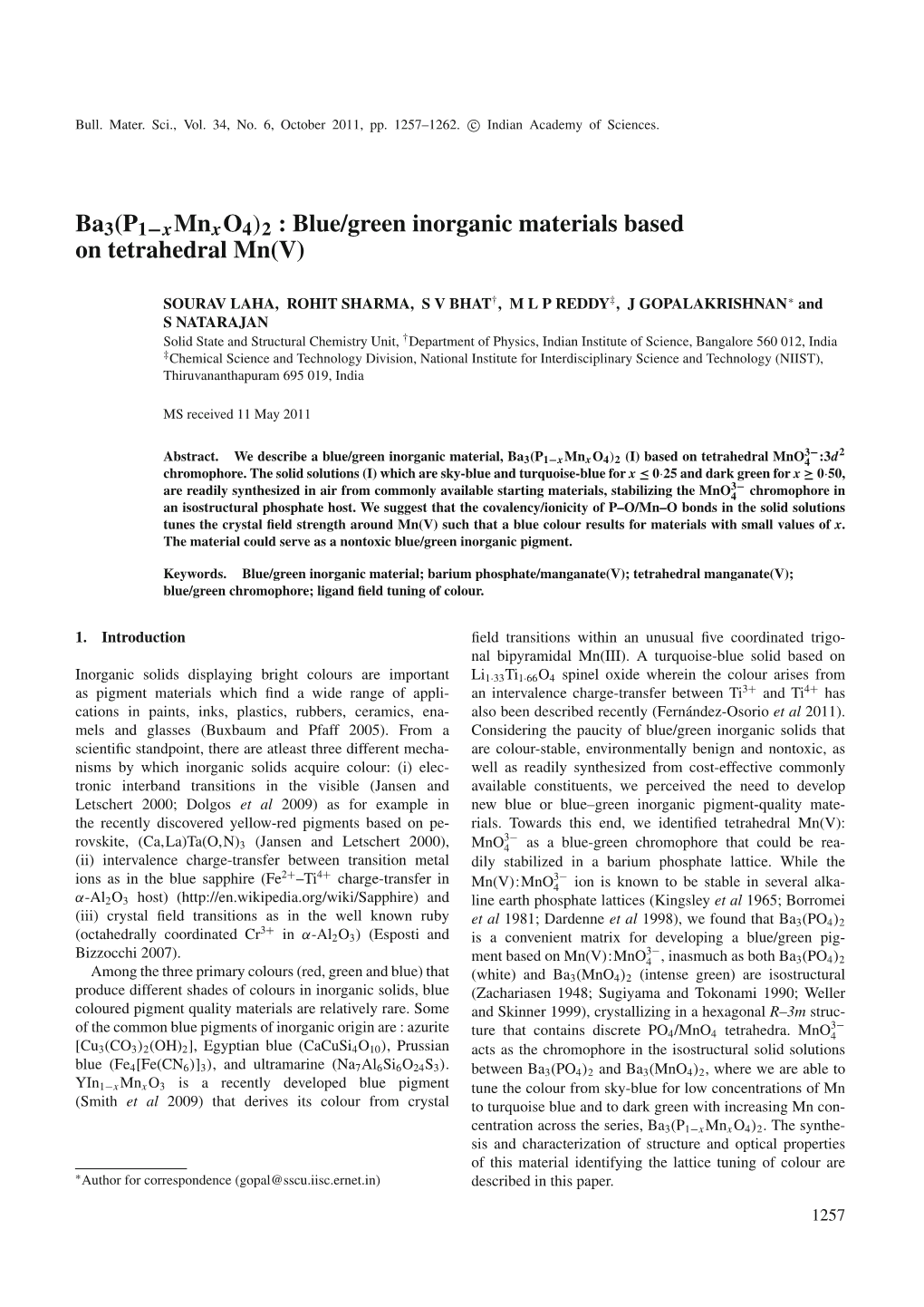 Ba3(P1−Xmnxo4)2 : Blue/Green Inorganic Materials Based on Tetrahedral Mn(V)