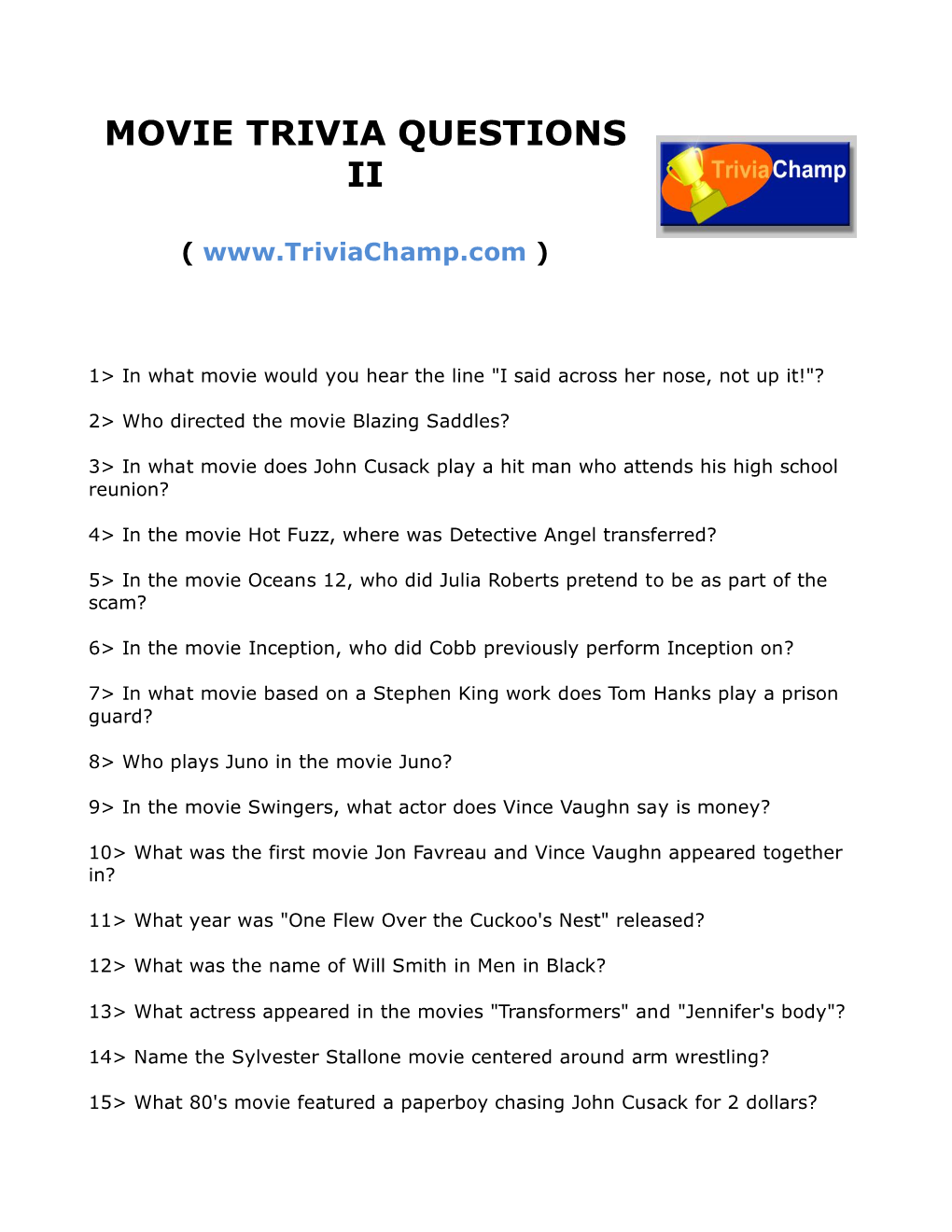 Movie Trivia Questions Ii