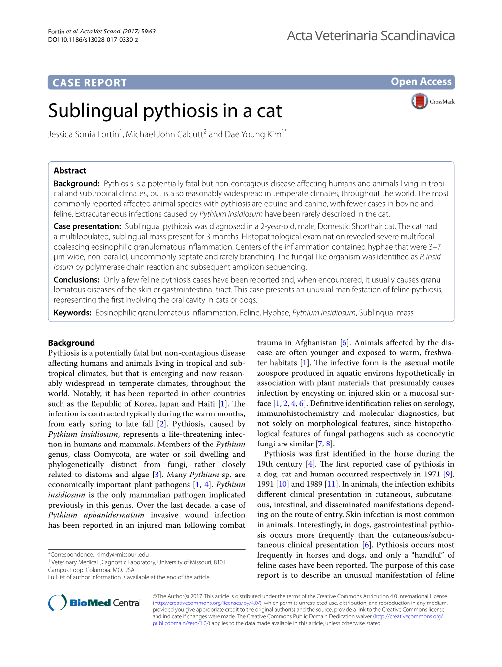 Sublingual Pythiosis in a Cat Jessica Sonia Fortin1, Michael John Calcutt2 and Dae Young Kim1*
