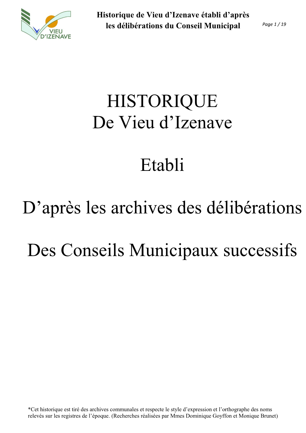 HISTORIQUE De Vieu D'izenave Etabli D'après Les Archives Des