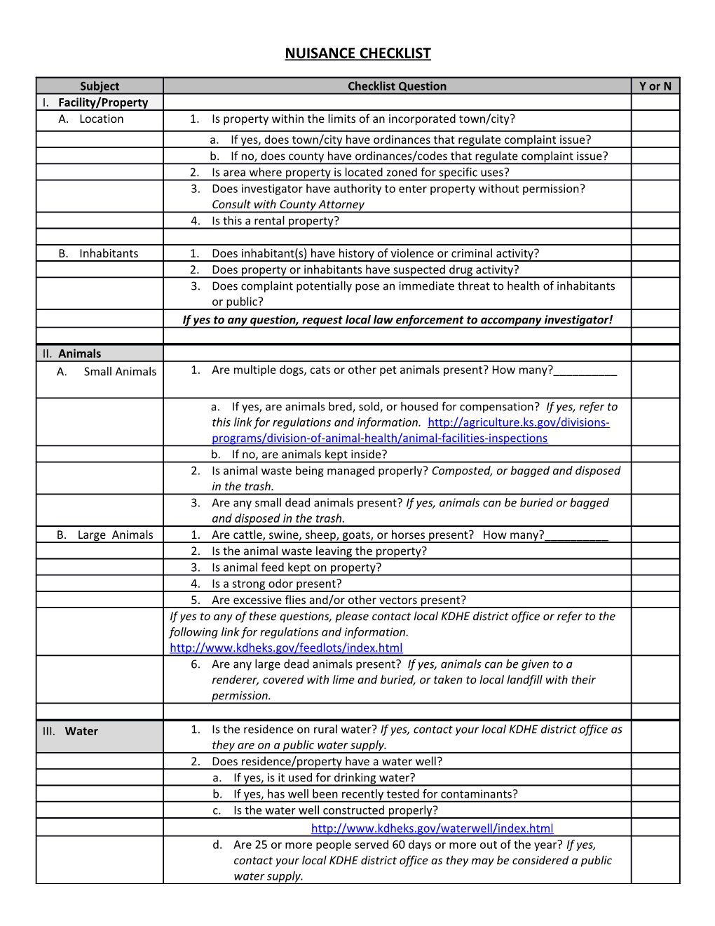 Nuisance Checklist