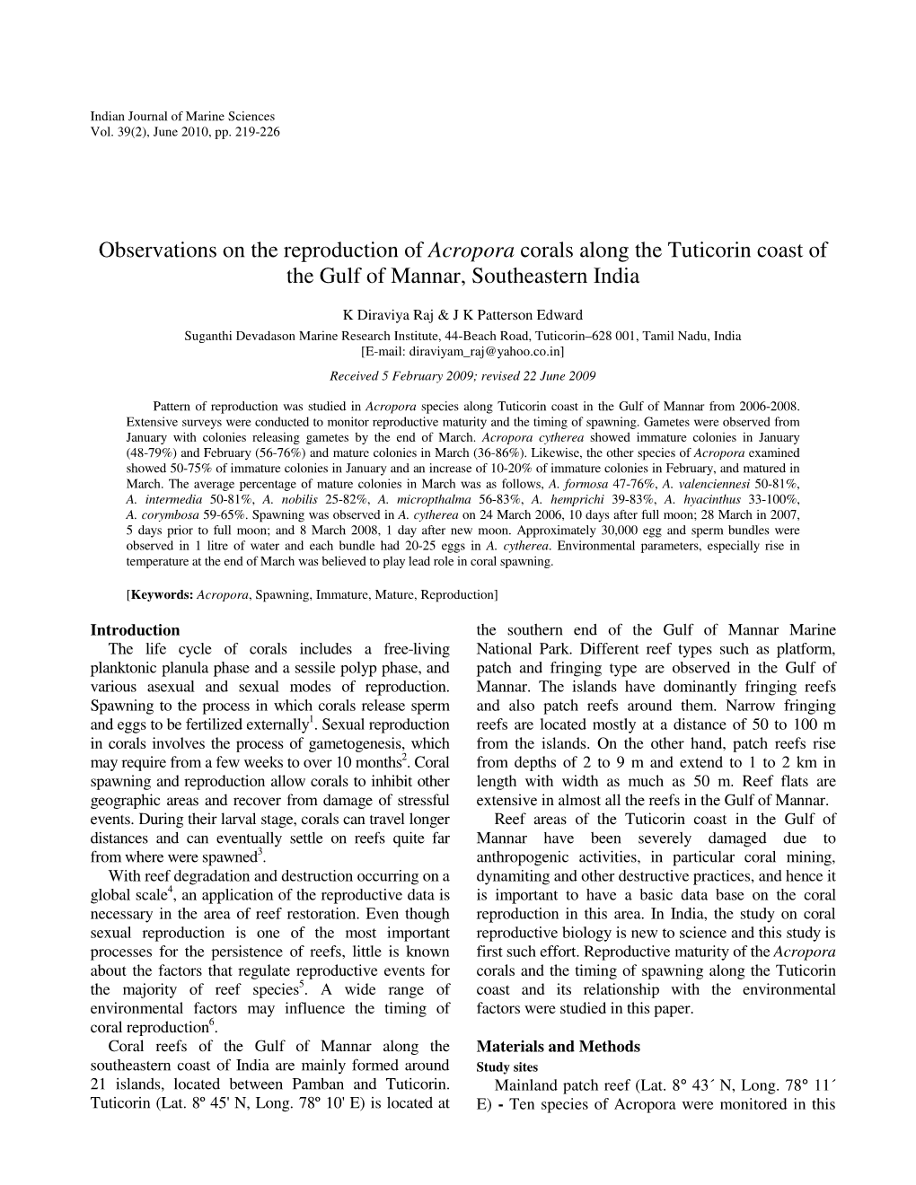 Observations on the Reproduction of Acropora Corals Along the Tuticorin Coast of the Gulf of Mannar, Southeastern India