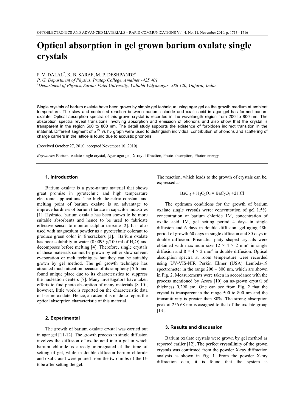 Optical Absorption in Gel Grown Barium Oxalate Single Crystals