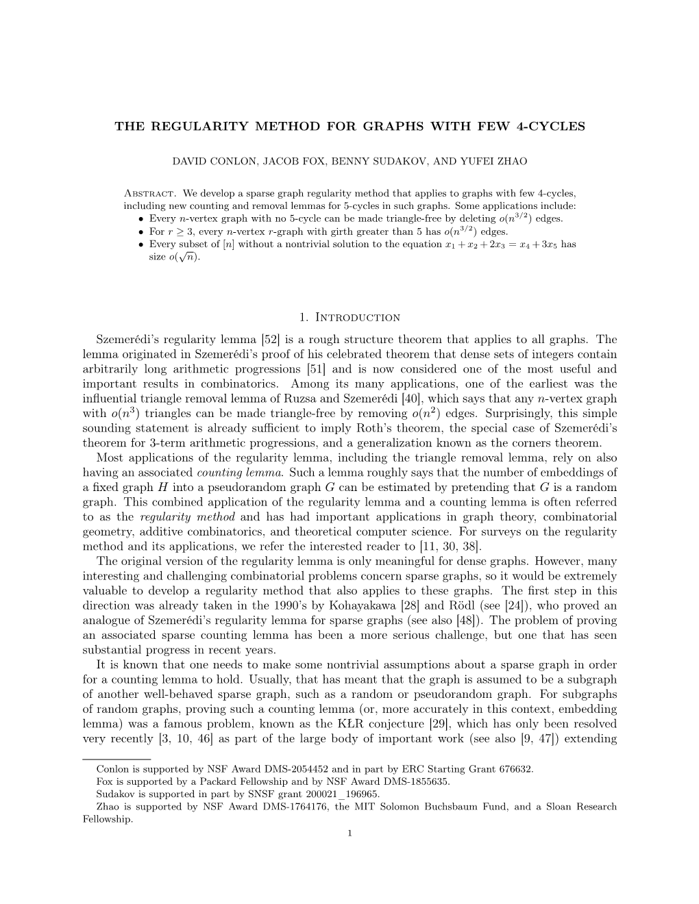 The Regularity Method for Graphs with Few 4-Cycles