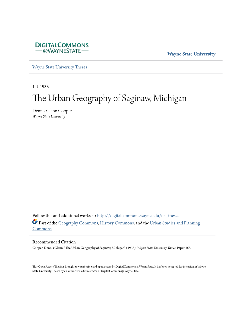 The Urban Geography of Saginaw, Michigan