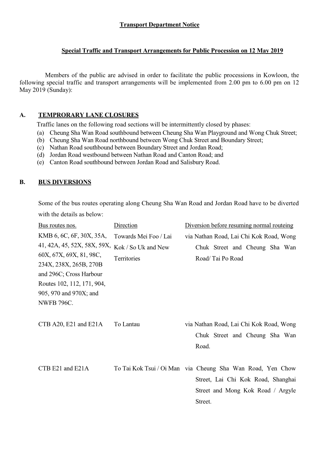 Transport Department Notice Special Traffic and Transport Arrangements