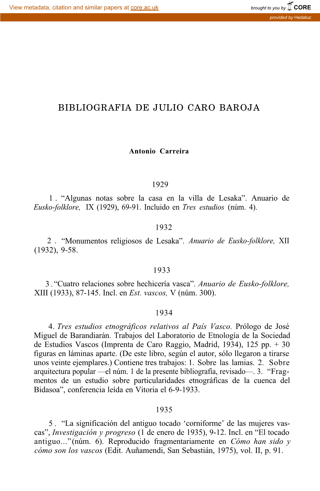 Bibliografía De Julio Caro Baroja