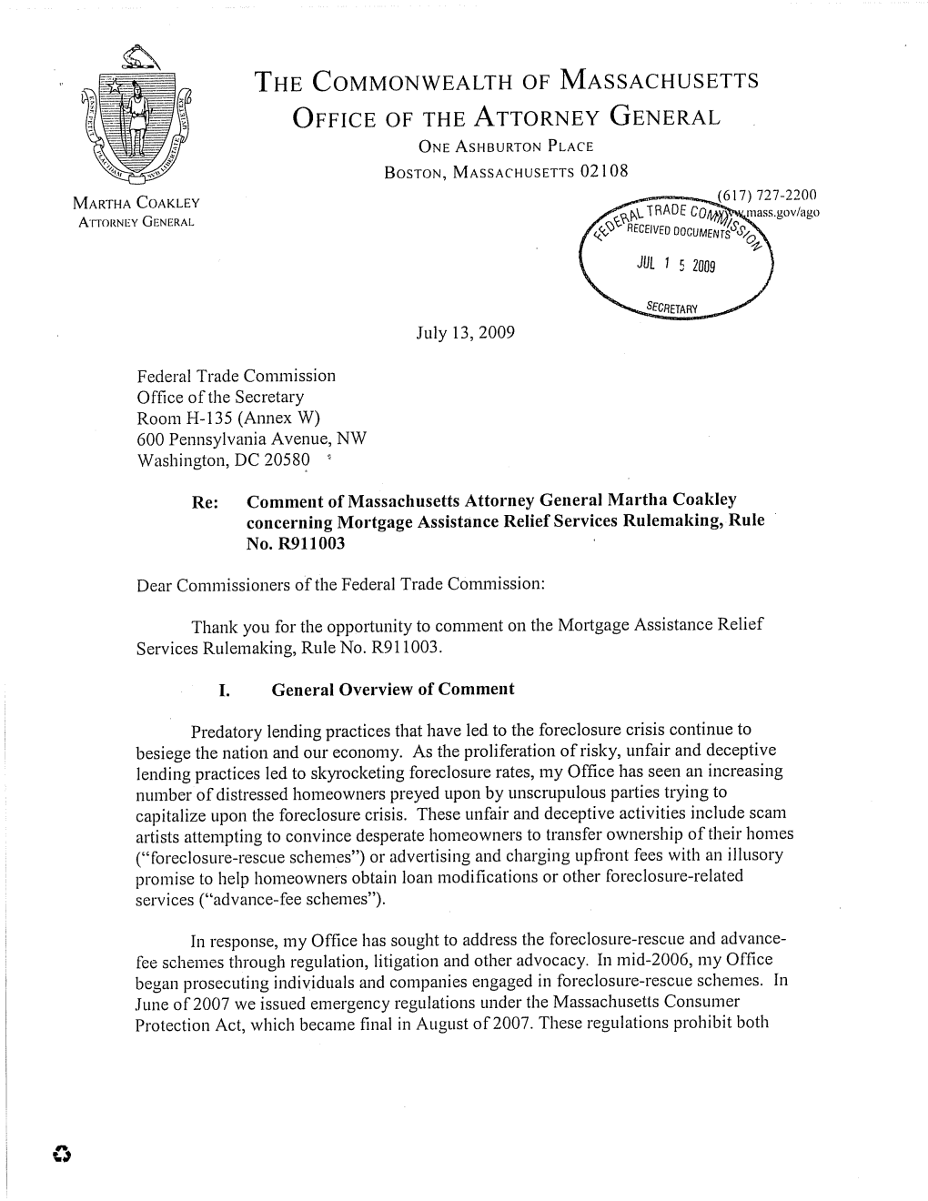 Comment Submitted by Massachusetts Attorney General