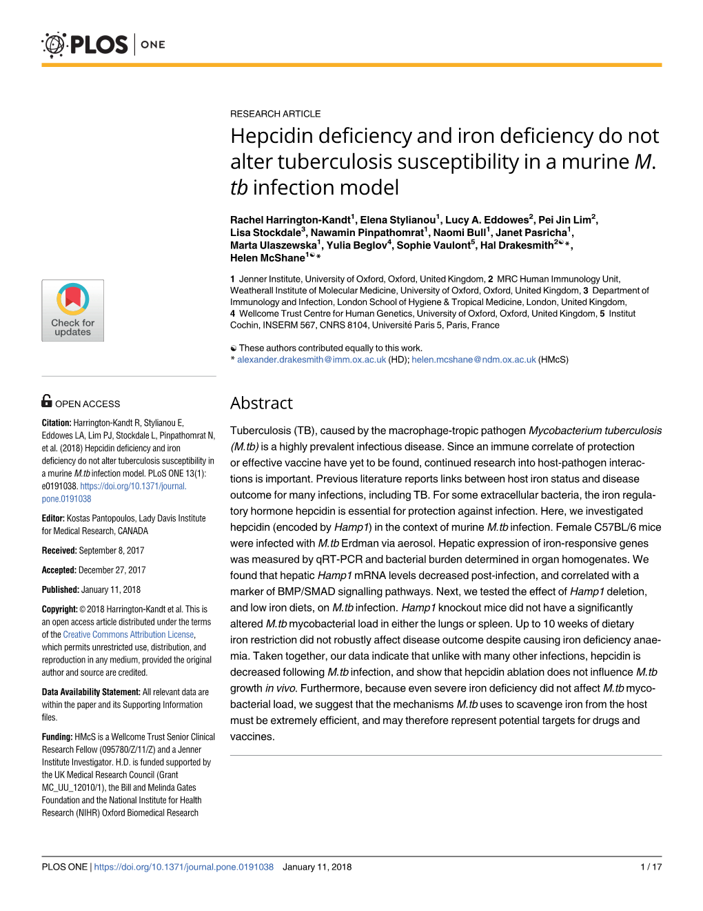 Hepcidin Deficiency and Iron Deficiency Do Not Alter Tuberculosis Susceptibility in a Murine M