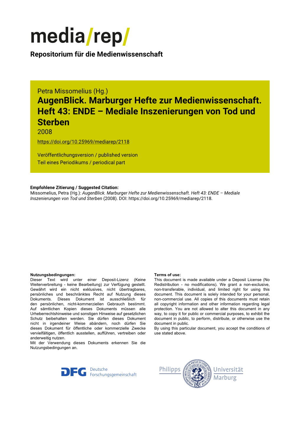 ENDE – Mediale Inszenierungen Von Tod Und Sterben 2008