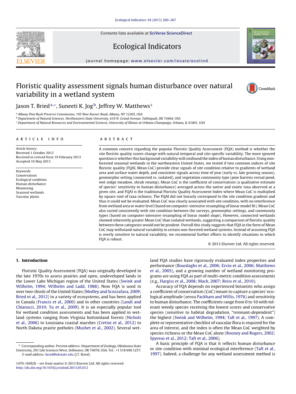 Floristic Quality Assessment Signals Human Disturbance Over Natural