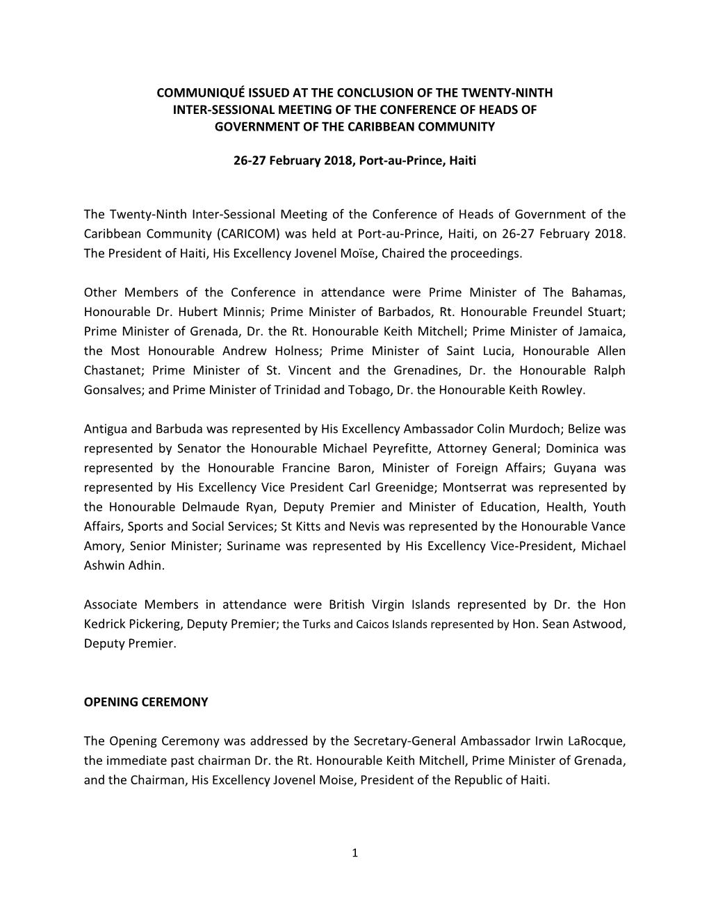 Communiqué Issued at the Conclusion of the Twenty-Ninth Inter-Sessional Meeting of the Conference of Heads of Government of the Caribbean Community