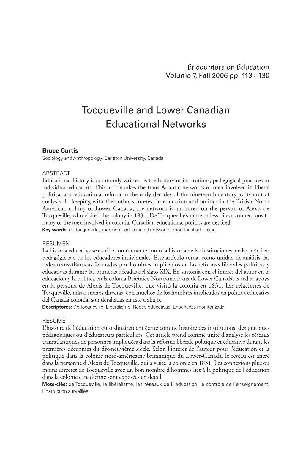 Tocqueville and Lower Canadian Educational Networks